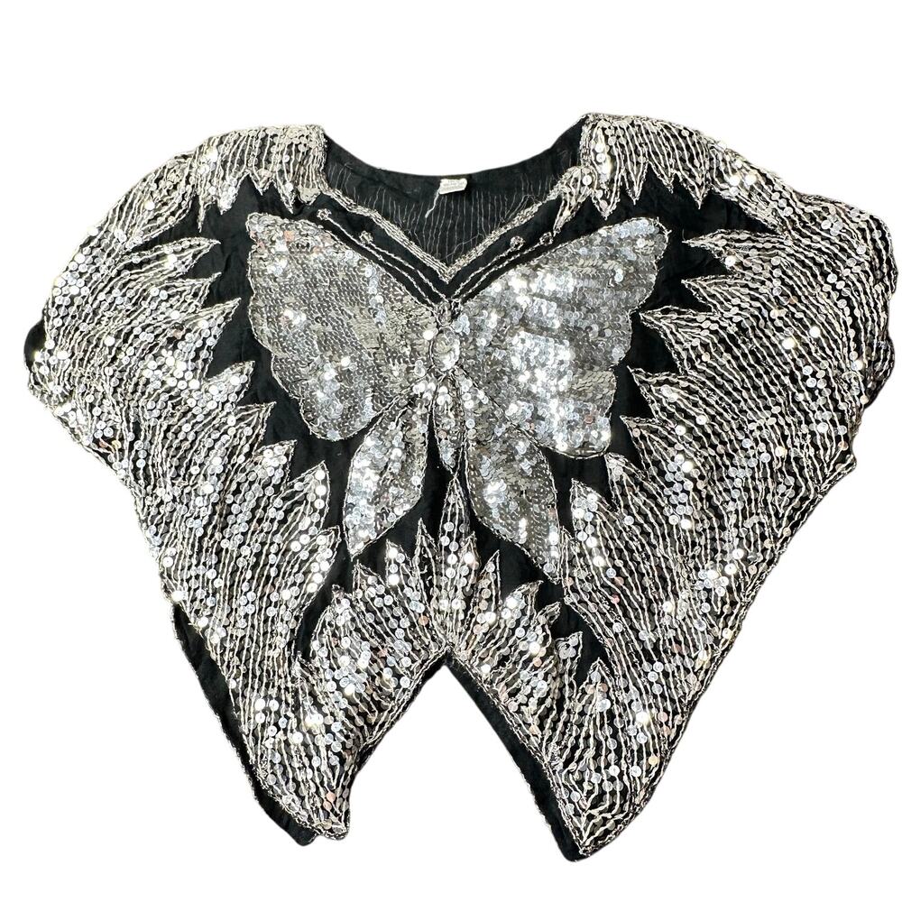 VINTAGE 80's Sequin Butterfly Top Silk Black Silver  Eveningwear Disco Boho OS